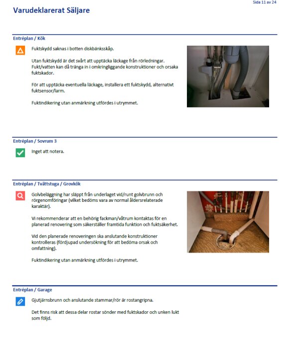 Besiktningsprotokoll med bilder av köks- och tvättstugeinstallationer som visar rör och golvbrunn, med kommentarer om fuktskydd och underhåll.
