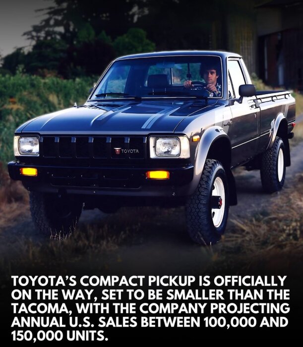 En vintage Toyota Hilux pickup i fint skick på en grusväg, med skog i bakgrunden. Text om framtida Toyota pickuper längst ner i bilden.