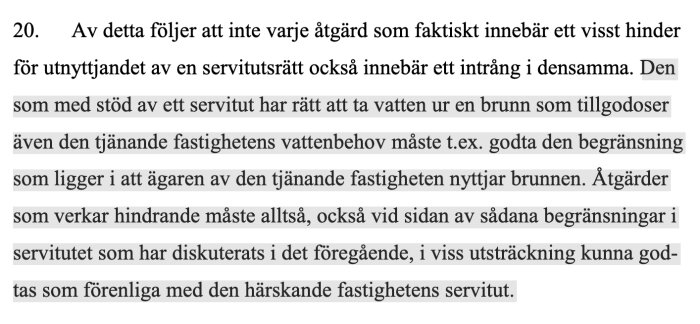 Sida från rättsfallet NJA 2018:200 om servitutsfrågor, inklusive brunnsservitut och vattenuttag, med paragraf 20 markerad för tydlighet.