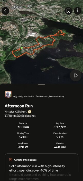 Satellitbild över ett löpspår runt Källviken i Falun, med detaljerad statistik från ett löppass på 7 km och 97 m höjdökning.