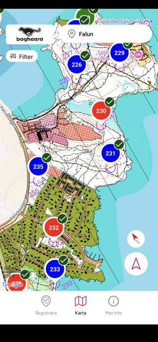 Karta över Falun med markörer i olika färger, visar olika platser. Ikoner för registrering, karta och mer info finns längst ner.