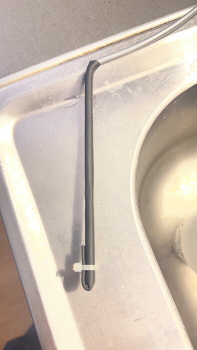 Krympslang med lim applicerat på ett växtstöd, säkrat med ett buntband över en diskbänk.