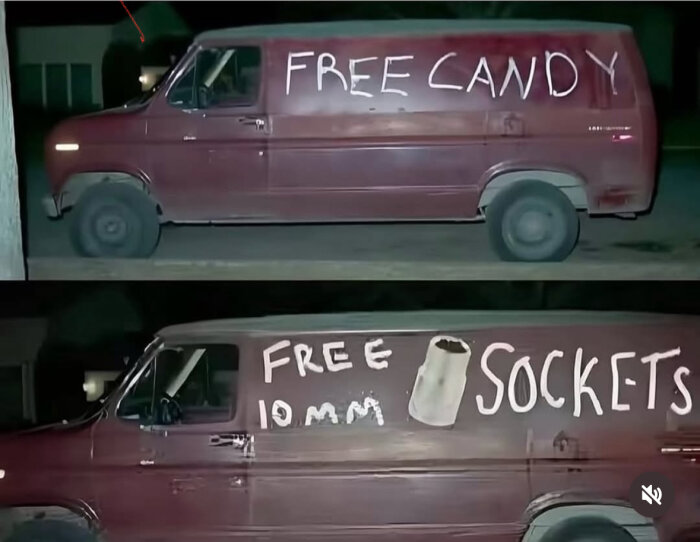 En mörkröd skåpbil med texten "FREE CANDY" på övre och "FREE 10MM SOCKETS" på nedre bilden, målad i vitt.