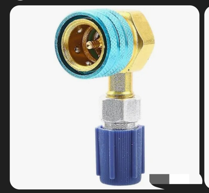 Snabbkoppling med blå och guldfärgade detaljer, diskussion om flödesventil och luftflödesblockering när kopplas loss.