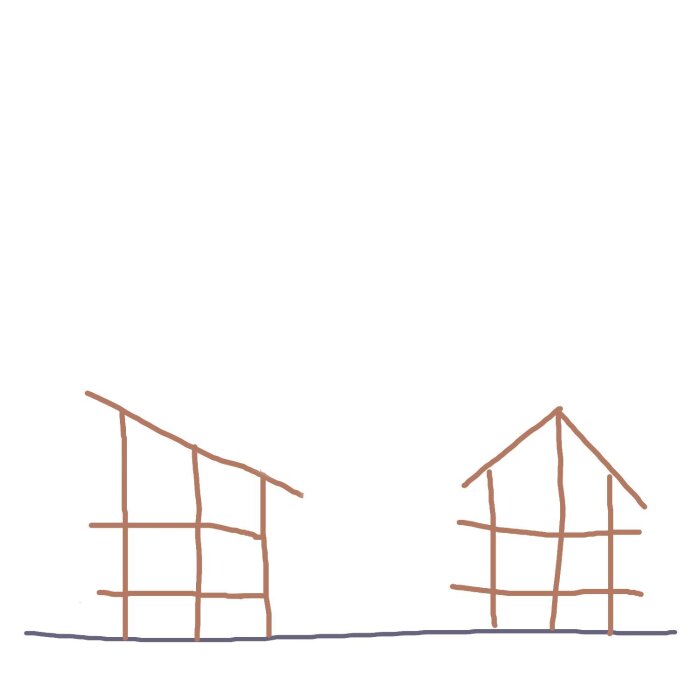 Teckning av två virkesställ med olika taktyper: ett med pulpettak till vänster och ett med sadeltak till höger.