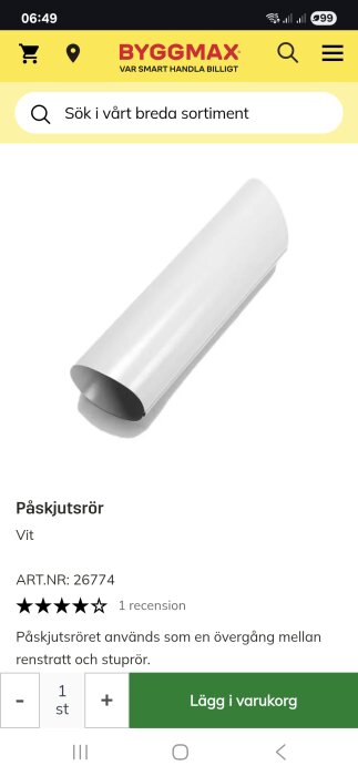 Vit påskjutsrör med artikelnummer 26774, används som övergång mellan renstratt och stuprör.