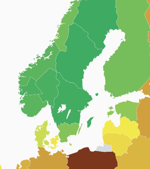 Karta över nordeuropeiska länder med färgkodning som visar import och export av el i realtid, inklusive Sverige, Norge, Finland och Polen.