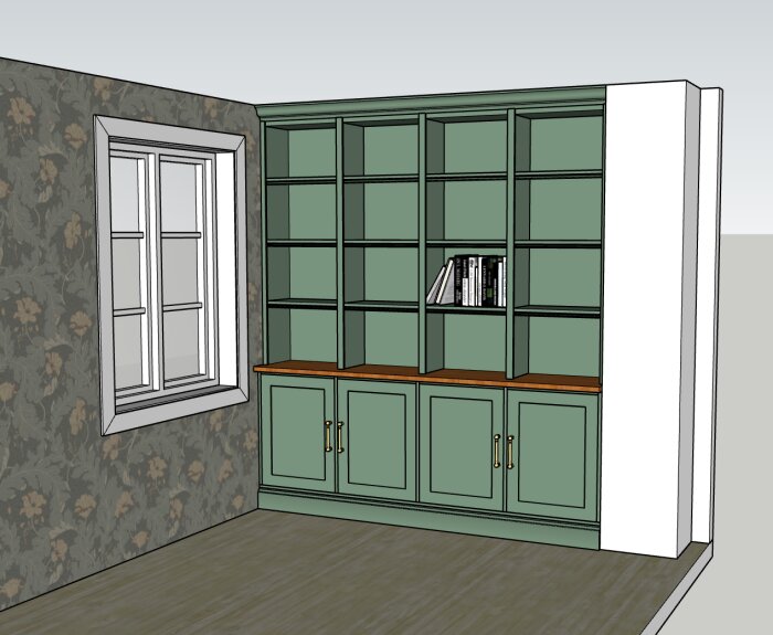 Grön platsbyggd bokhylla med öppna hyllor ovanför gröna underskåp med guldhandtag, täcklist mellan skåpen. Bokhyllan finns vid ett fönster.