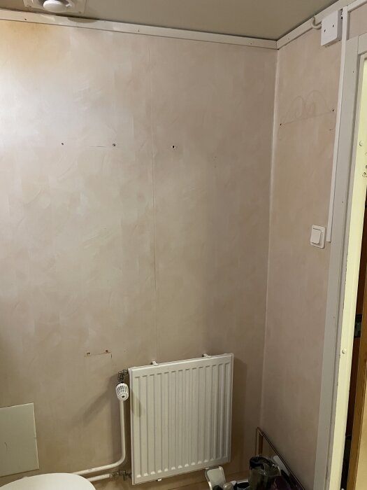 En badrumsvägg med ett vitt element och målade rör syns längs väggen, omgivna av en diskret mönstrad ljus yta.