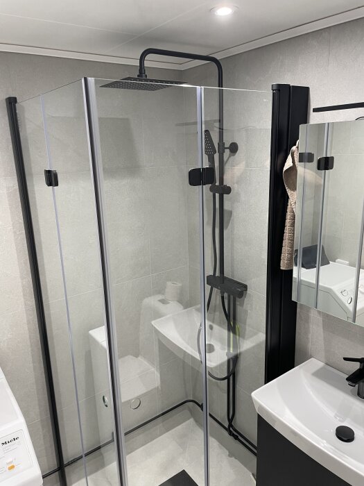 Modernt badrum med glasdusch, mattsvarta duschrör och enkel vit tvättställ. Duschens rör målade i mattsvart färg för stilren look.
