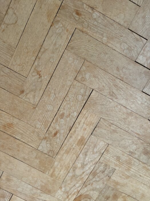 Fiskbensparkett i ek med fläckar och springor, troligen från 1942, som behöver behandling med pigmenterad hårdvaxolja.