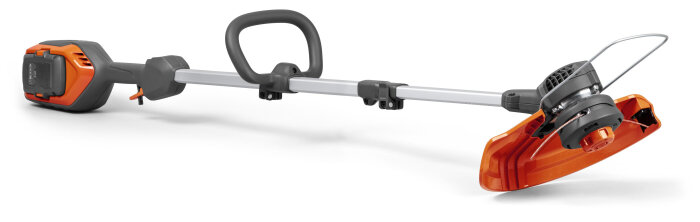 En batteridriven grästrimmer från Husqvarna, modell 215iL, med orange och svart detaljerad design och justerbart skaft.