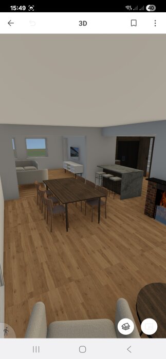 3D-rendering av ett husutbyggnadsförslag med matsal, sittgrupp och köksö med barstolar, trägolv och ljusa väggar.