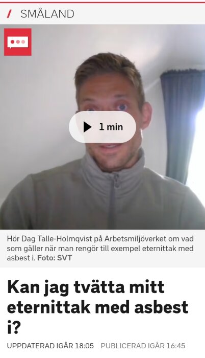 En person i en video talar om att tvätta eternittak med asbest, med texten "Kan jag tvätta mitt eternittak med asbest i?" under videon.