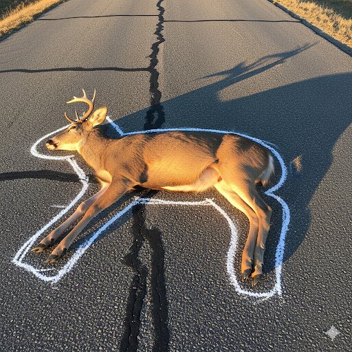 Ett dött rådjur ligger mitt på vägen med krita runt kroppen som markerar dess kontur.