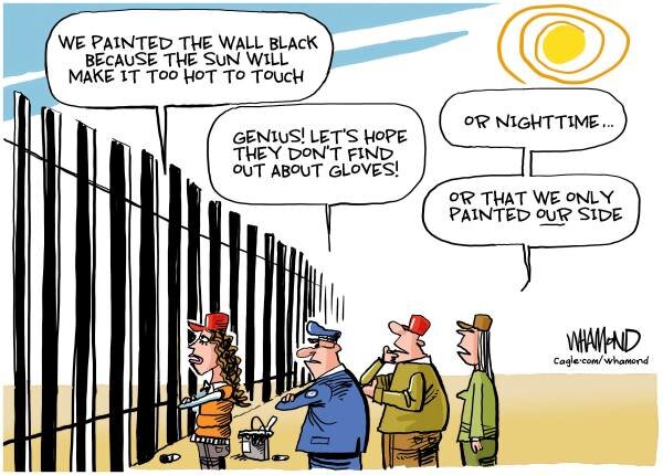 Fyra arbetare vid en hög svartmålad vägg diskuterar målningens syfte och brister med hjälp av komiska pratbubblor.