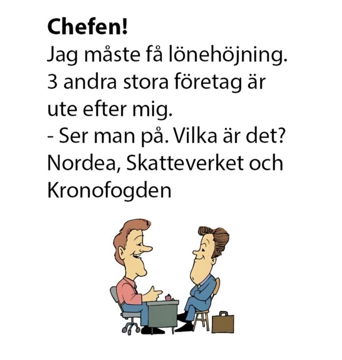Två tecknade män sitter mitt emot varandra vid ett bord och pratar om löneförhandling med ett humoristiskt inslag.