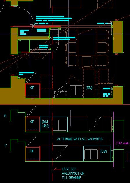 Ritning av kök med placeringar för spis, kyl/frys och diskmaskin; visar alternativa lösningar och avloppsdragning.