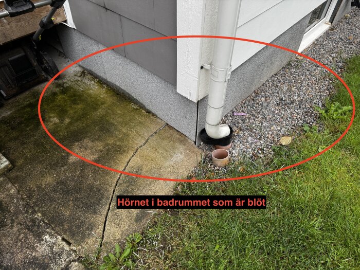Stuprör vid husets hörn, omgiven av lutande mark med grus och gräs. Vattenproblem markerade med rött och texten "Hörnet i badrummet som är blöt".