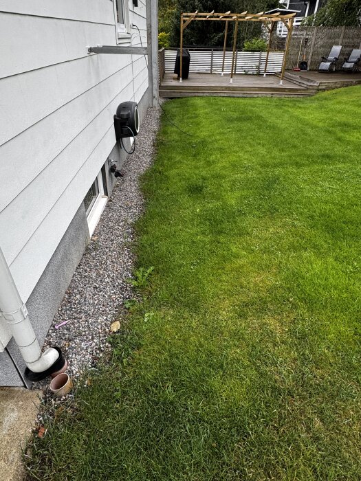 Bild av en husvägg med stuprör som leder vatten ner till marken, omgiven av grus och gräsmatta. Marken lutar mot huset.