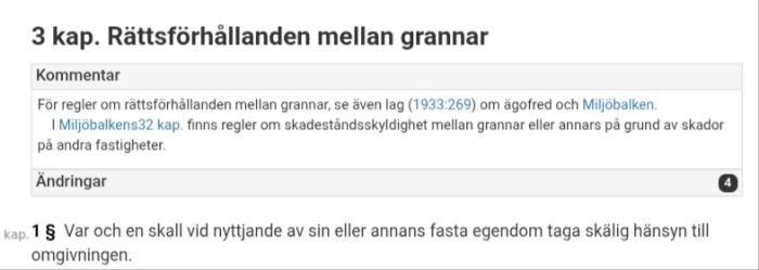 Skärmdump från Jordabalken om rättsförhållanden mellan grannar och hänsyn till omgivningen enligt kapitel 3, paragraf 1.