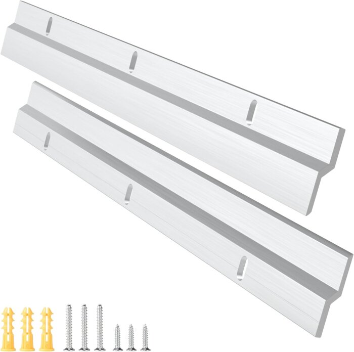 Vita spegelprofiler med skruvar och pluggar för montering, designade för osynlig upphängning av speglar.