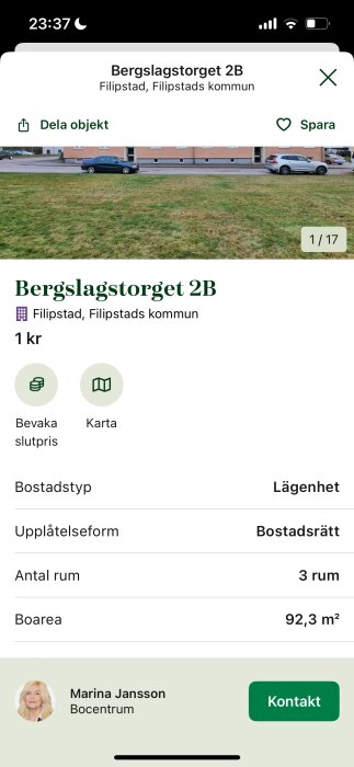 Skärmavbild av fastighetsannons för Bergslagstorget 2B i Filipstad med information om pris och lägenhetsdetaljer.