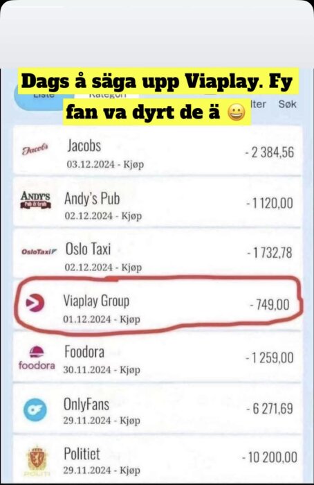 Skärmbild av kontoutdrag med utgifter, där en betalning till Viaplay Group är markerad. Text ovanför: 'Dags å säga upp Viaplay. Fy fan va dyrt de ä.'