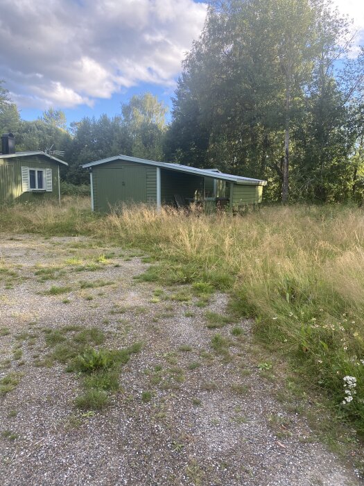 Grön stuga på en tomt med långt gräs, omgiven av träd. Molnig himmel och grusig mark framför stugan.