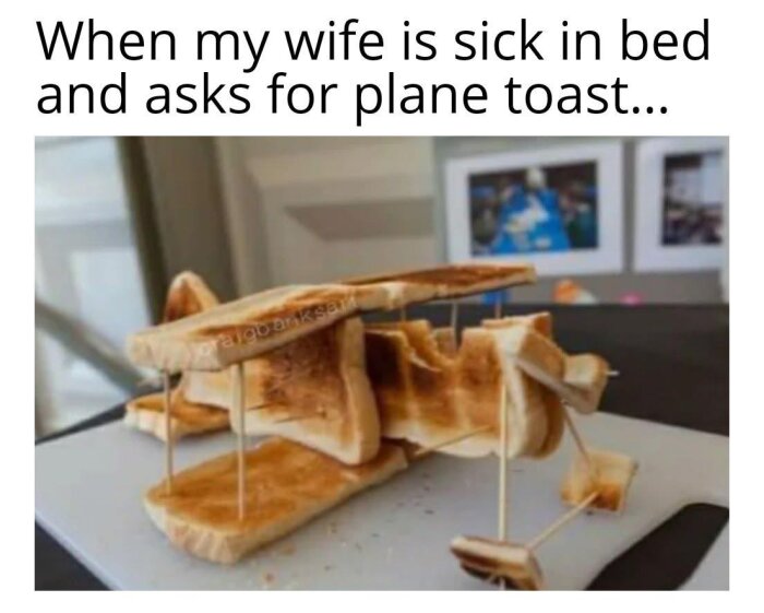 Flygplan skapat av rostat bröd, monterat med hjälp av tandpetare på en skärbräda. Texten ovan lyder: "When my wife is sick in bed and asks for plane toast...