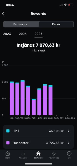 Diagram över intäkter per månad för elbil och husbatteri år 2025, totalt 7 070,63 kr inklusive skatt.