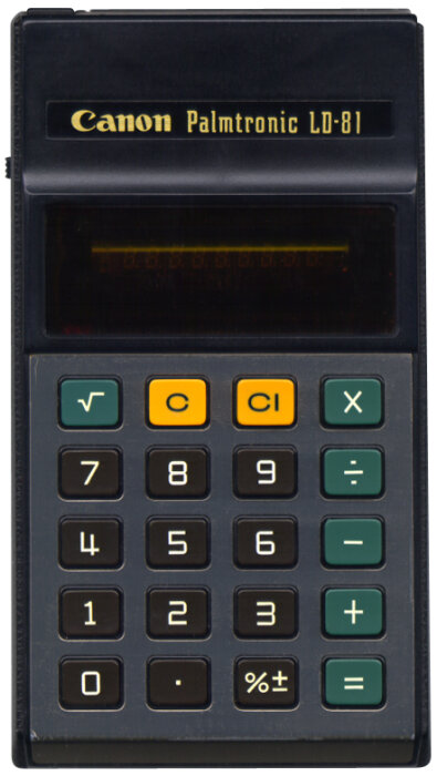 En Canon Palmtronic LD-81 miniräknare med knapp för kvadratrotsberäkning.