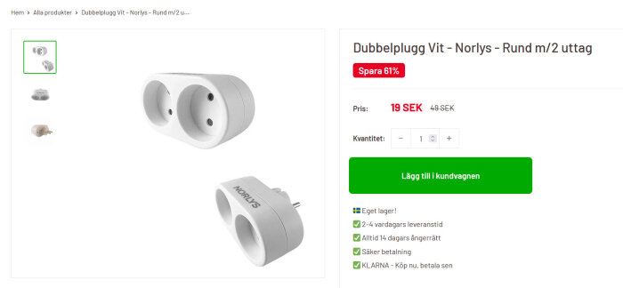 Vit dubbelplugg från Norlys med två runda uttag, ej kompatibel med danska uttag.