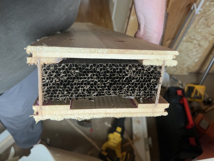 Detaljbild av byggmaterial, visar insidan av byggelement från ett hus byggt 1969. Skikten består av trä och ett bikakemönster i kartong.