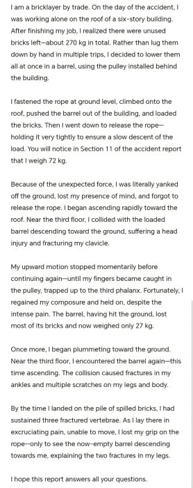 Text om en murare som beskriver en olycka vid arbete på ett sexvåningshus, där en tunna med tegel faller och orsakar skador.