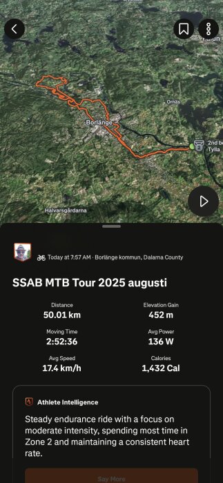 Karta över cykelrutt nära Borlänge, Dalarna, med statistik för SSAB MTB Tour 2025, inklusive distans 50 km, höjdökning 452 m och medelhastighet 17,4 km/h.
