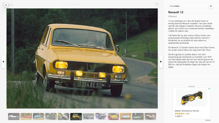 Gul Renault 12 kör längs en landsväg, sedd framifrån.
