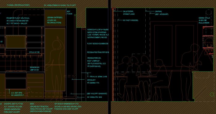 Byggritning som visar kökslayout med hyllor av formplywood på Sparringkonsoler, fläkt, och rullgardinslösning i en öppen planlösning.