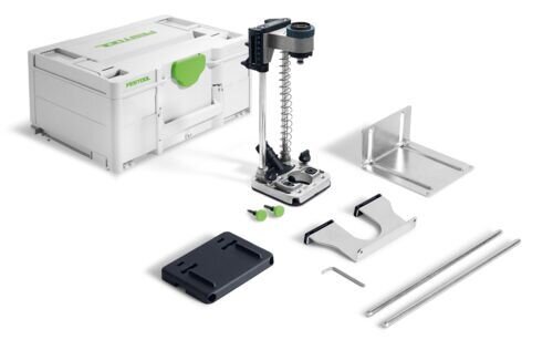 Festool borrstativ MB 40 set med olika komponenter som en borrstativram, två stångverktyg, en svarta platta och en förvaringslåda.