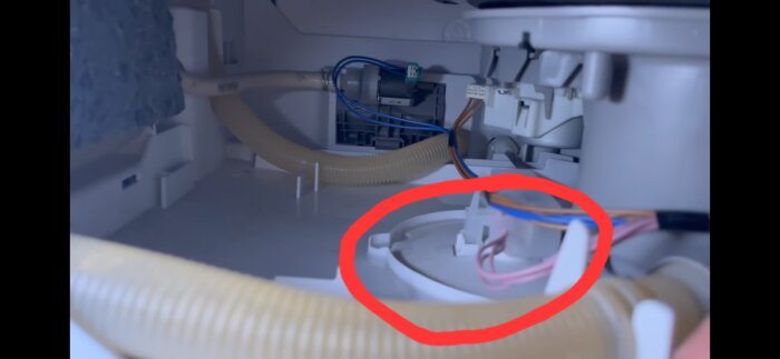 Inre delen av en diskmaskin med en synlig flottör omgiven av slangar och kablar, markerad med en röd cirkel.