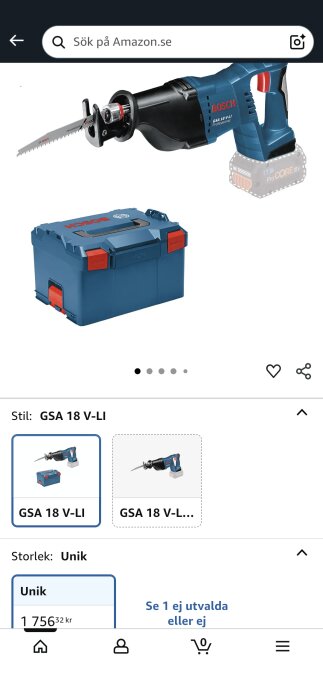 Bild av Bosch GSA 18 V-LI tigersåg och medföljande verktygslåda på Amazon.se, visas för köp med pris och stilalternativ.