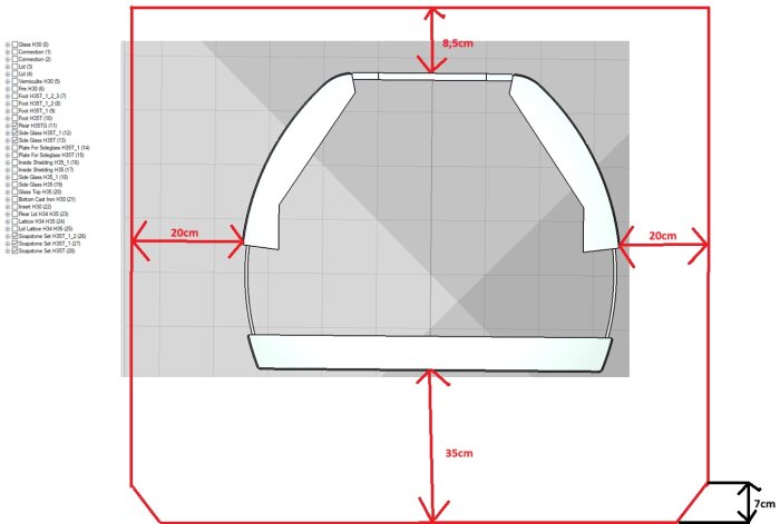 Ritning av gnistskydd till täljstenskamin med mått: 20 cm sidor, 8,5 cm övre bredd, 35 cm höjd. Gnistskyddet är tvådelat.