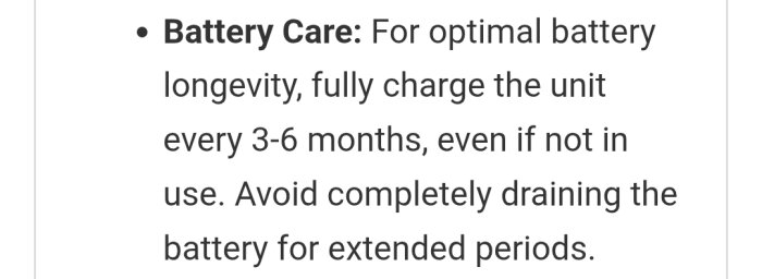 Manualtext om batterivård, rekommenderar att ladda fullt var 3-6:e månad oavsett användning och att undvika djupurladdning under längre perioder.