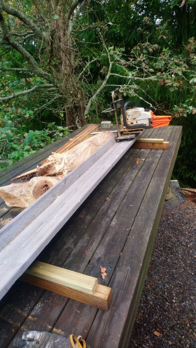 Träplanka som hyvlas och sågas, med motorsåg placerad ovanpå och träbalkar understödande, i en skogsmiljö.