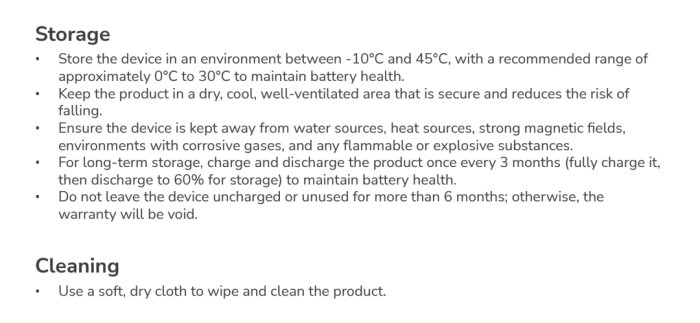 Instruktioner för lagring och rengöring av en enhet, inklusive batteriunderhåll och miljöförhållanden.