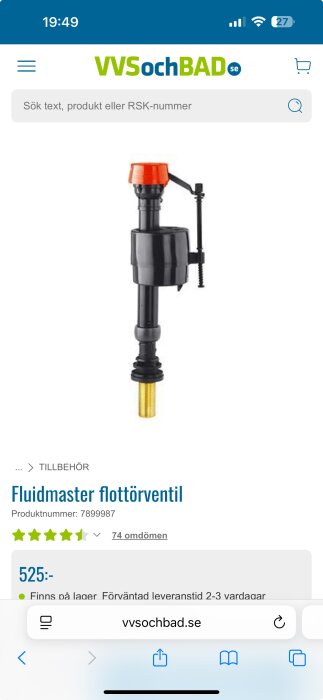 Fluidmaster flottörventil i svart och orange med mässingsdetalj, visad på en onlinebutik för VVS-produkter.