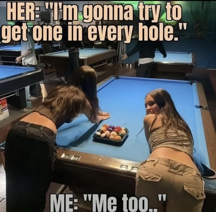 Två personer lutar sig över ett biljardbord med ett ställ av biljardbollar. Text ovan: "I'm gonna try to get one in every hole.