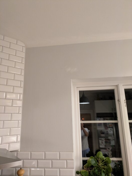 Vägg med grå färg, kakel till vänster och ett fönster till höger. Övergången mellan vägg och tak är välvd, med vit snobbkant upptill.