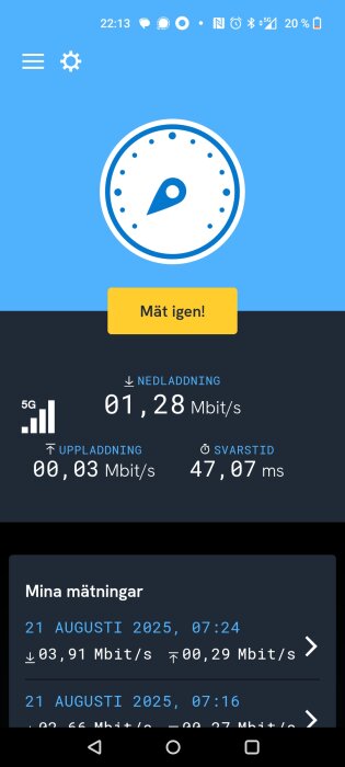 Skärmdump av internethastighetstest: nedladdning 1,28 Mbit/s, uppladdning 0,03 Mbit/s, svarstid 47,07 ms, med 5G-signal.