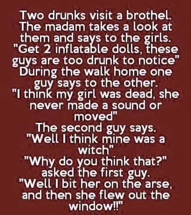 Textbild med skämt om två berusade män som besöker en bordell och får uppblåsbara dockor istället för riktiga kvinnor.